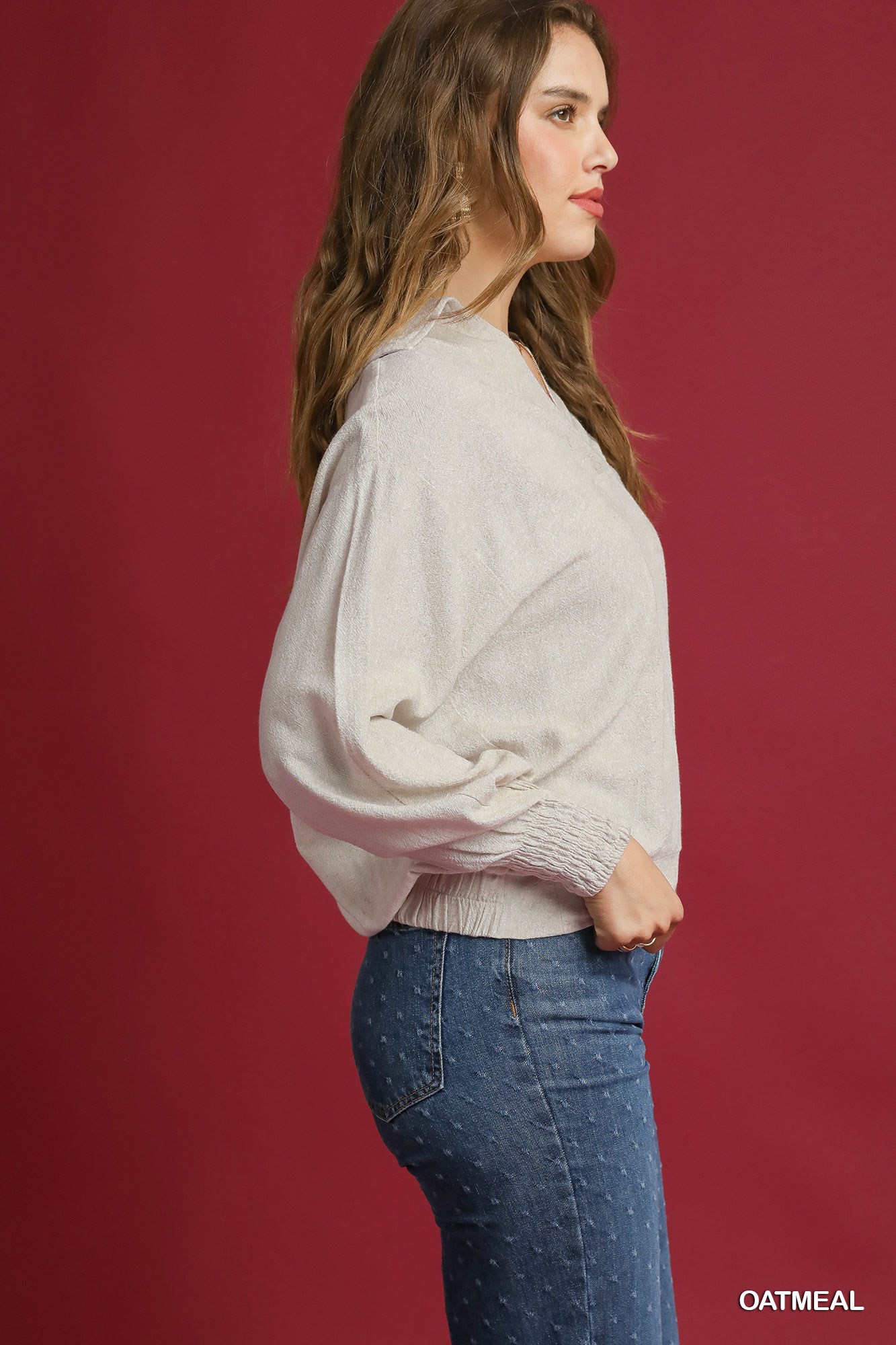 Linen Long Sleeves Elastic Hem Blouse, image 4