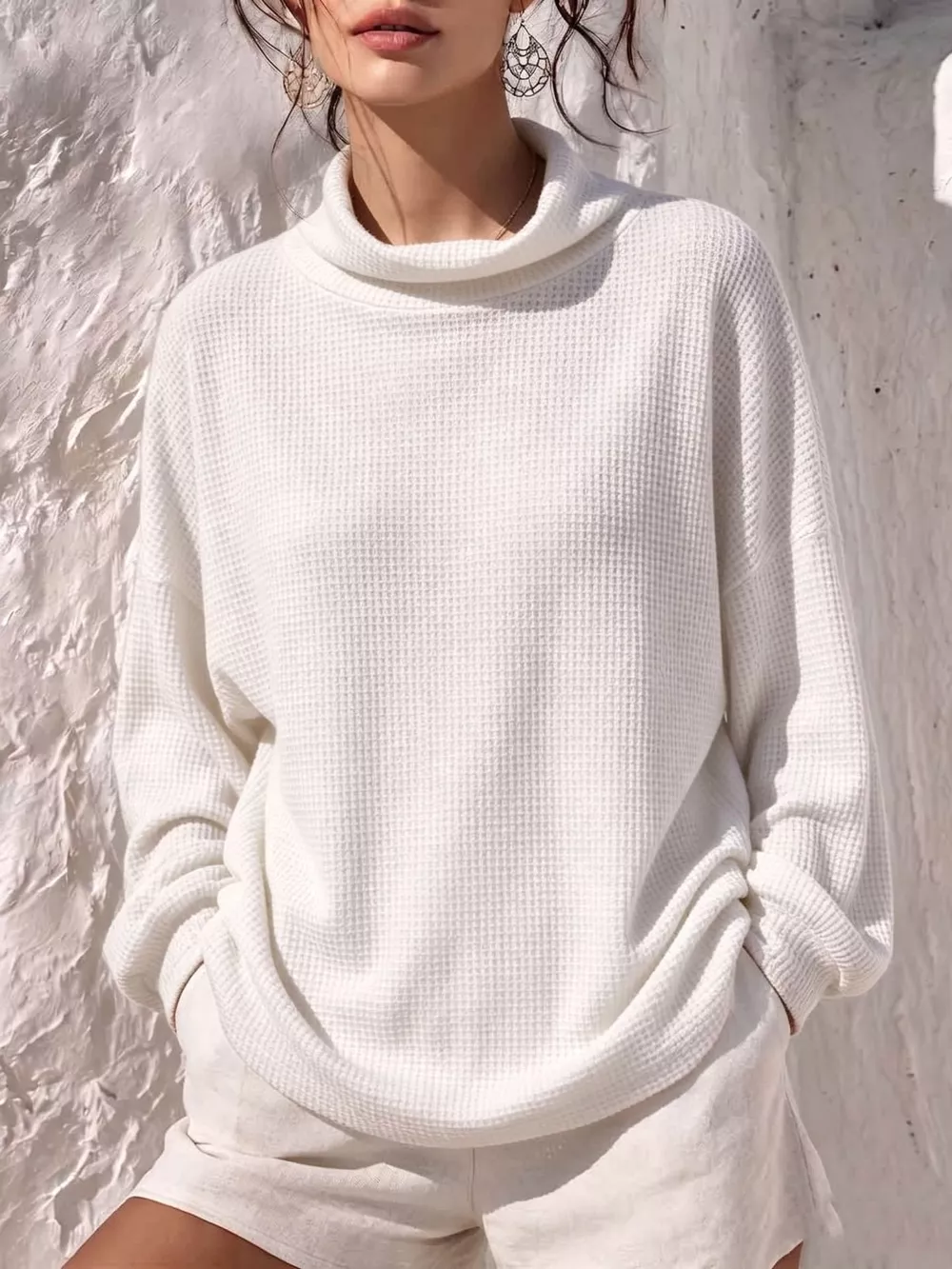 Full Size Waffle Knit Mock Neck Long Sleeve T-Shirt Plus Size, image 3