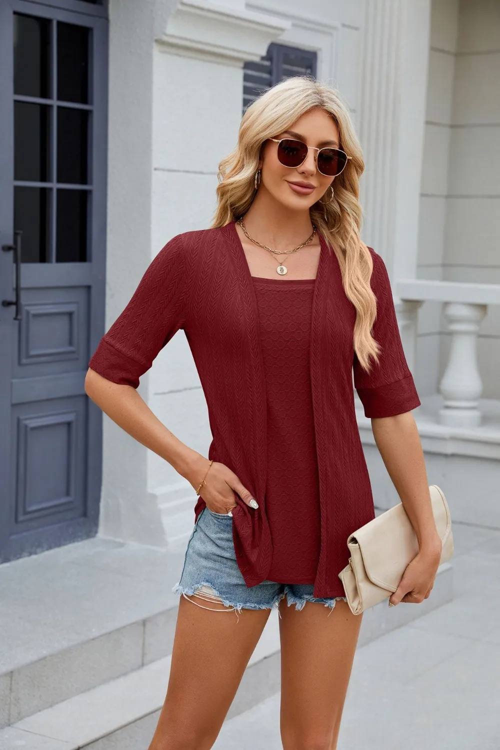 Texture Square Neck Short Sleeve Blouse, image 8