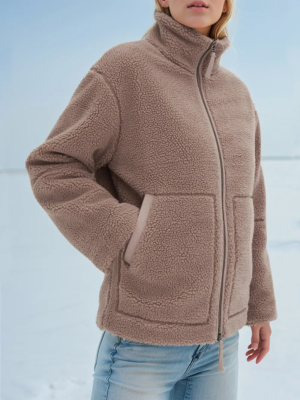 Turtleneck Zip Up Long Sleeve Plush Jacket, image 14