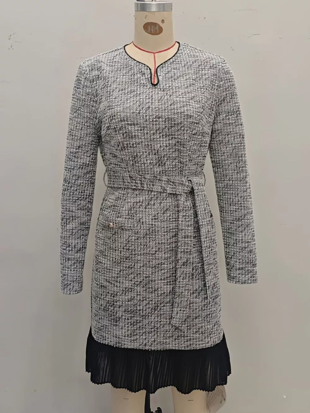 Elegant Long Sleeve Belted Shift Dress with Ruffled Hem, image 4