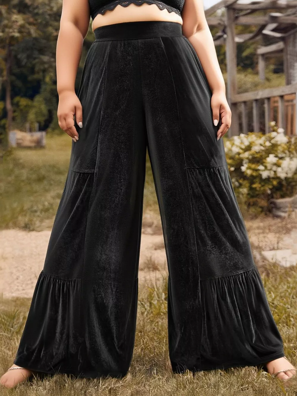 Plus Size Velvet Ruffle Hem Wide Leg Pants