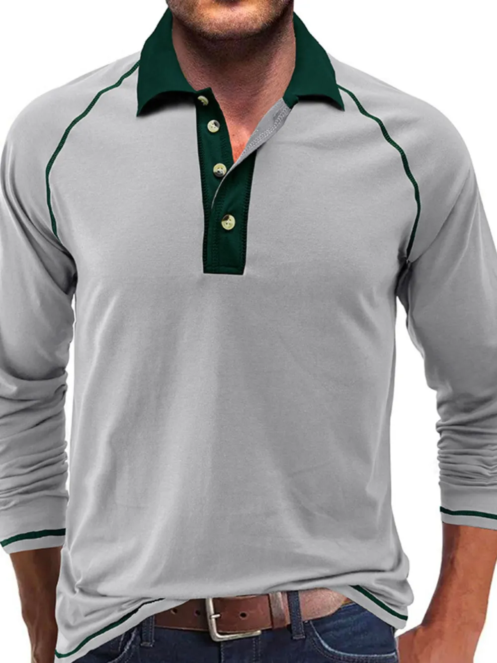 Men's Contrast Collar Long Sleeve Polo Shirt, image 7