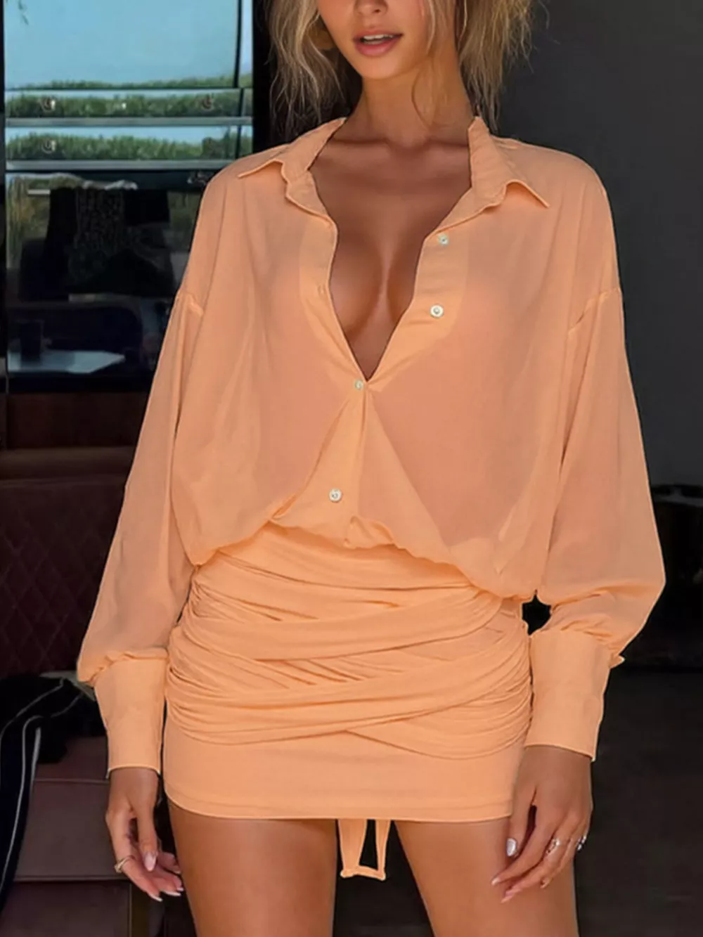 Sheer Button-Down Mini Shirt Dress with Back Tie, image 7