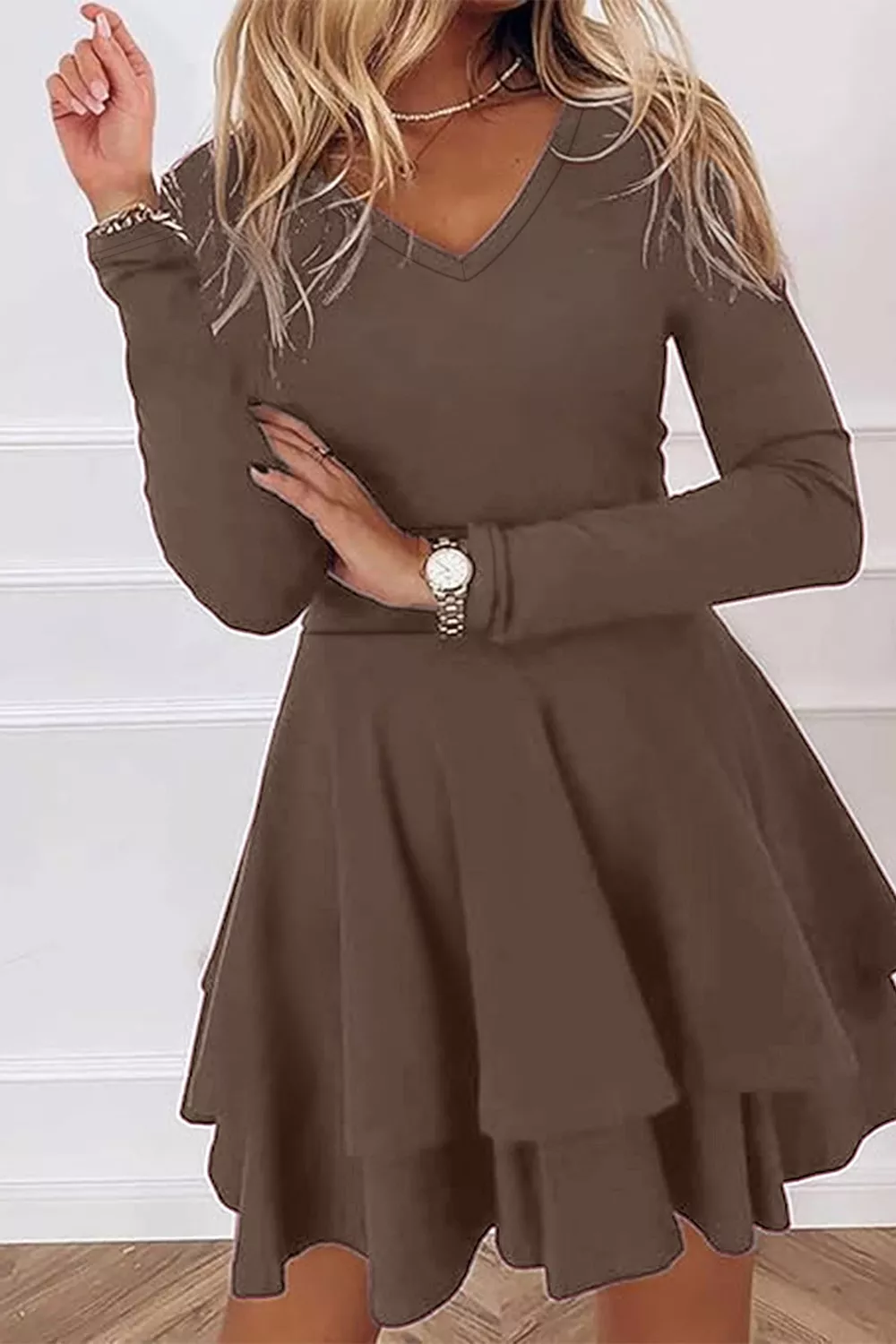 Layered Long Sleeve V-Neck Mini Dress, image 3