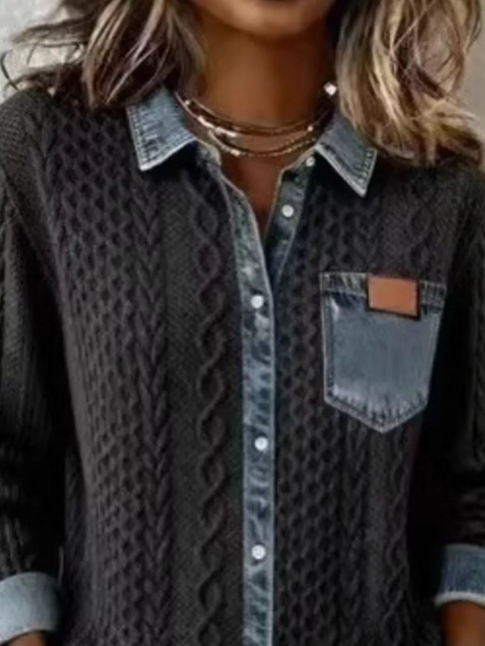 Denim Trim Cable Knit Cardigan, image 6