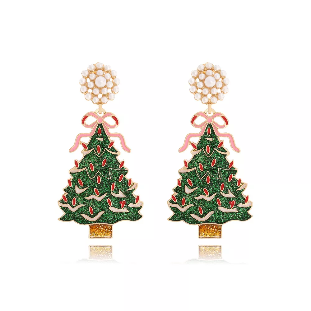 Christmas Tree Dangle Earrings with Pearl, image 2