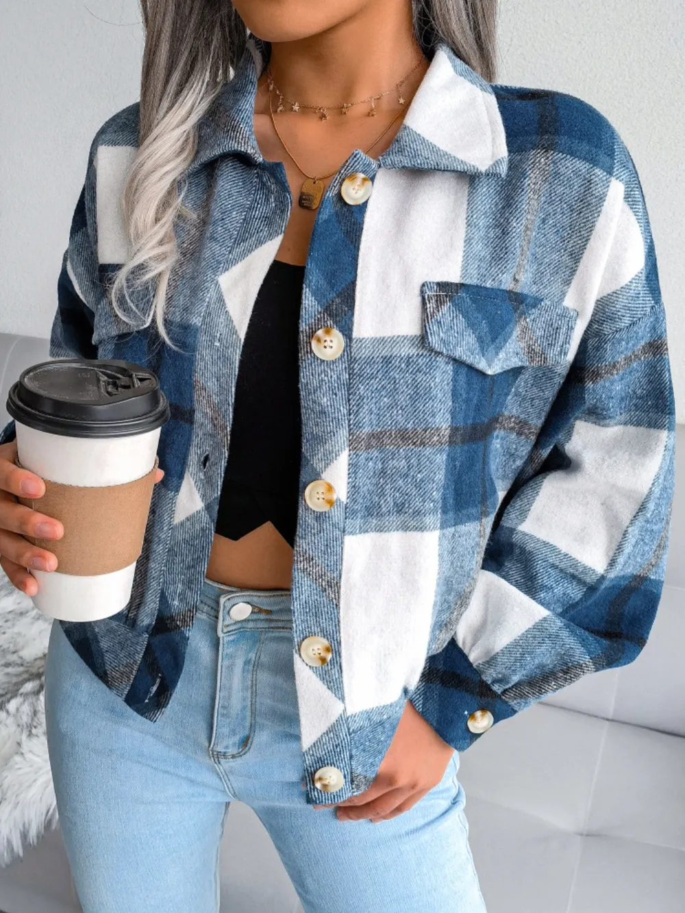 Plaid Collared Neck Long Sleeve Jacket, image 23