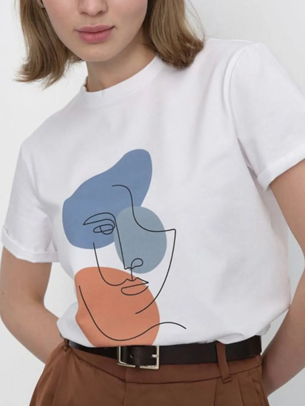 Abstract Face Graphic Casual Round Neck T-Shirt, image 2