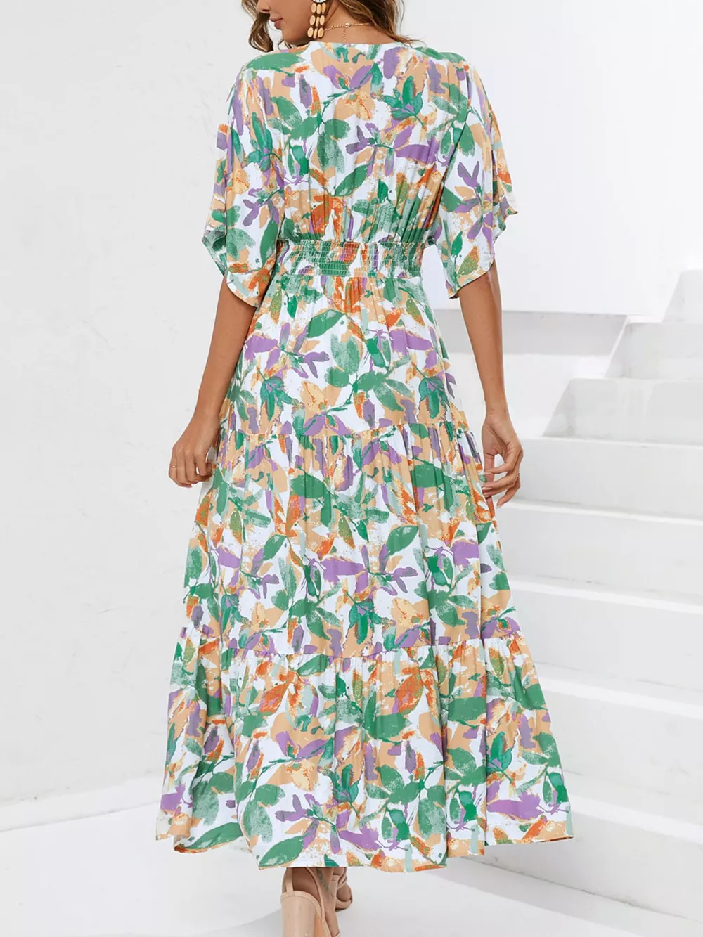 Printed V-Neck Ruffle Hem Flowy Midi Dress, image 3