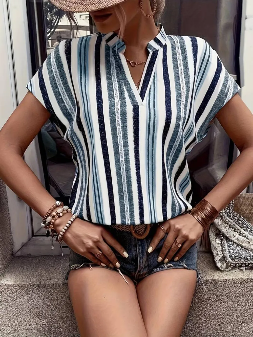 Striped Notched Short Sleeve Shirt, image 9