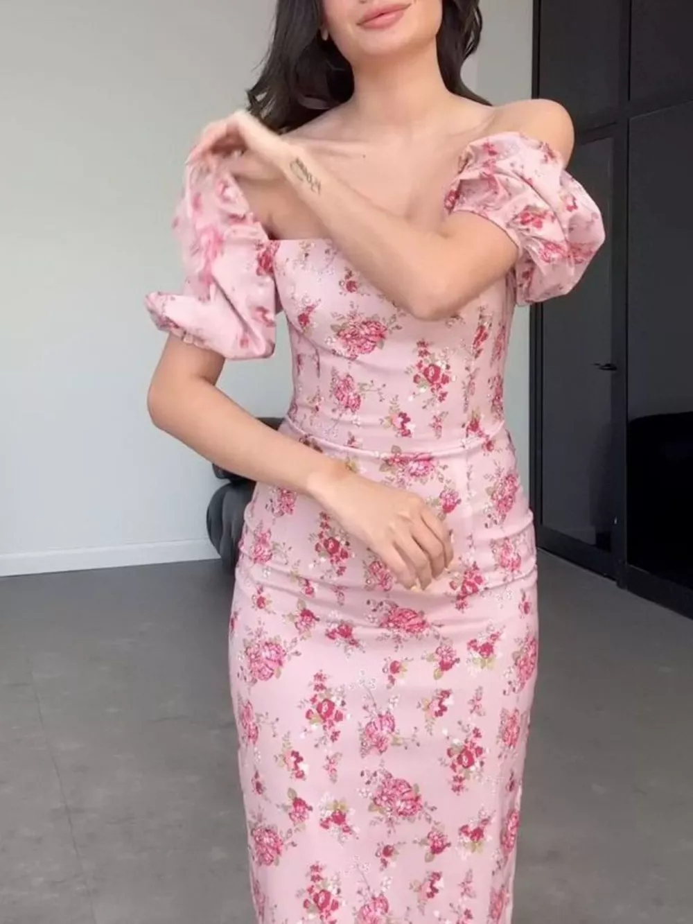 Floral Puff Sleeve Ruched Midi Dress, image 4