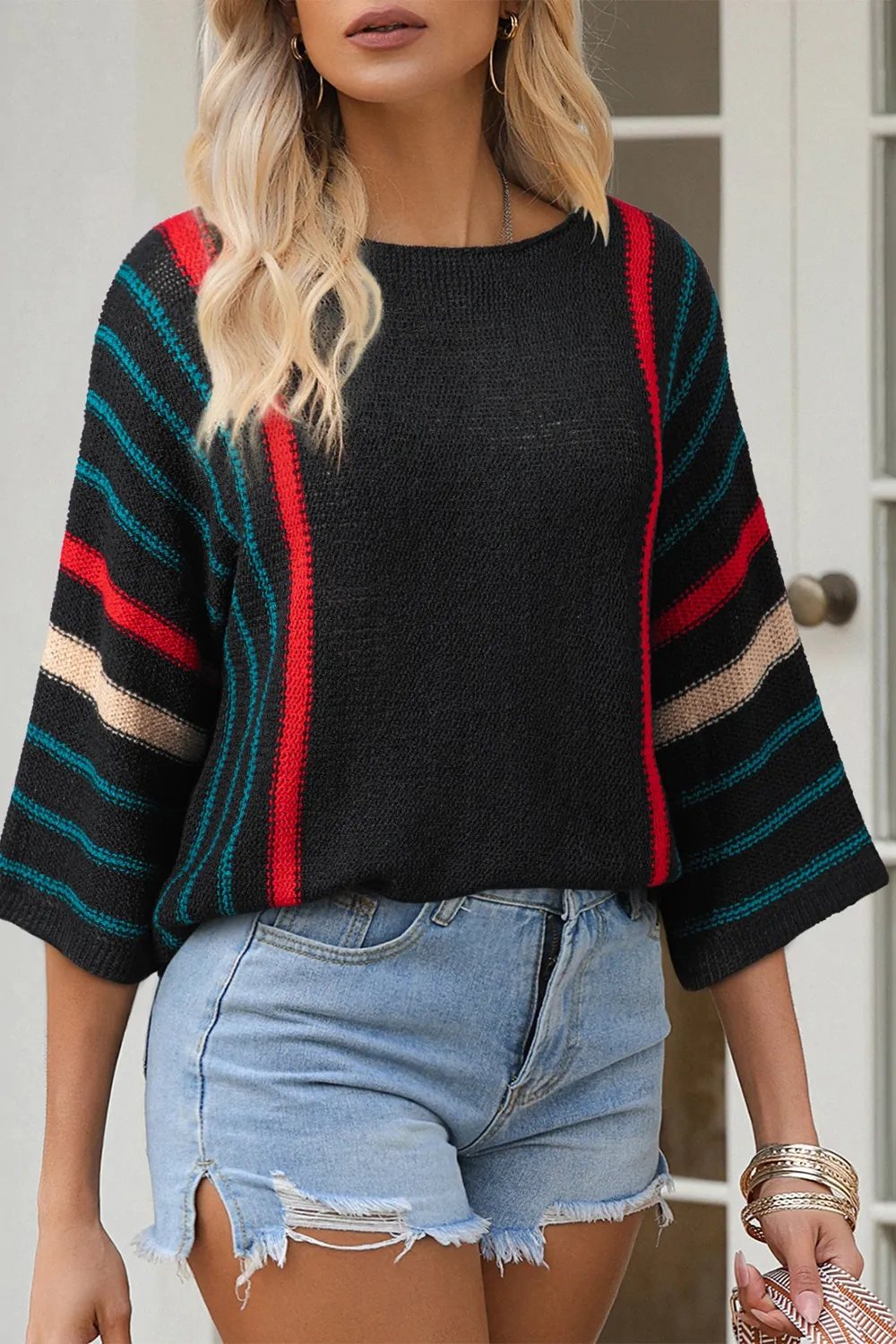 Striped Boat Neck Three-Quarter Sleeve Knit Top, image 9