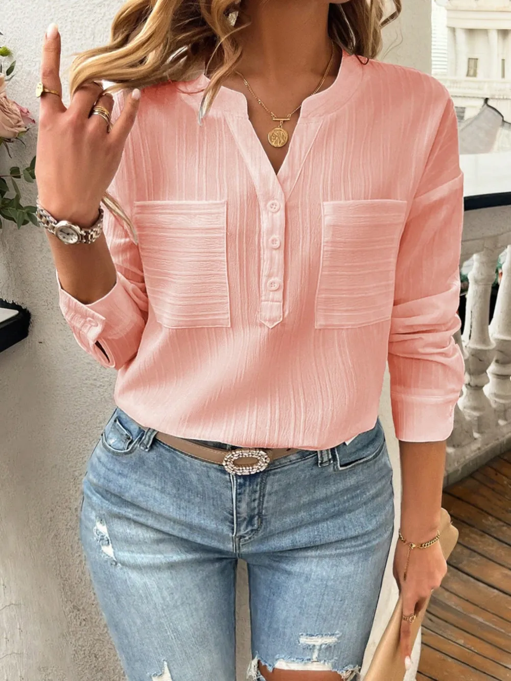 Pocketed Notched Long Sleeve Blouse, image 8