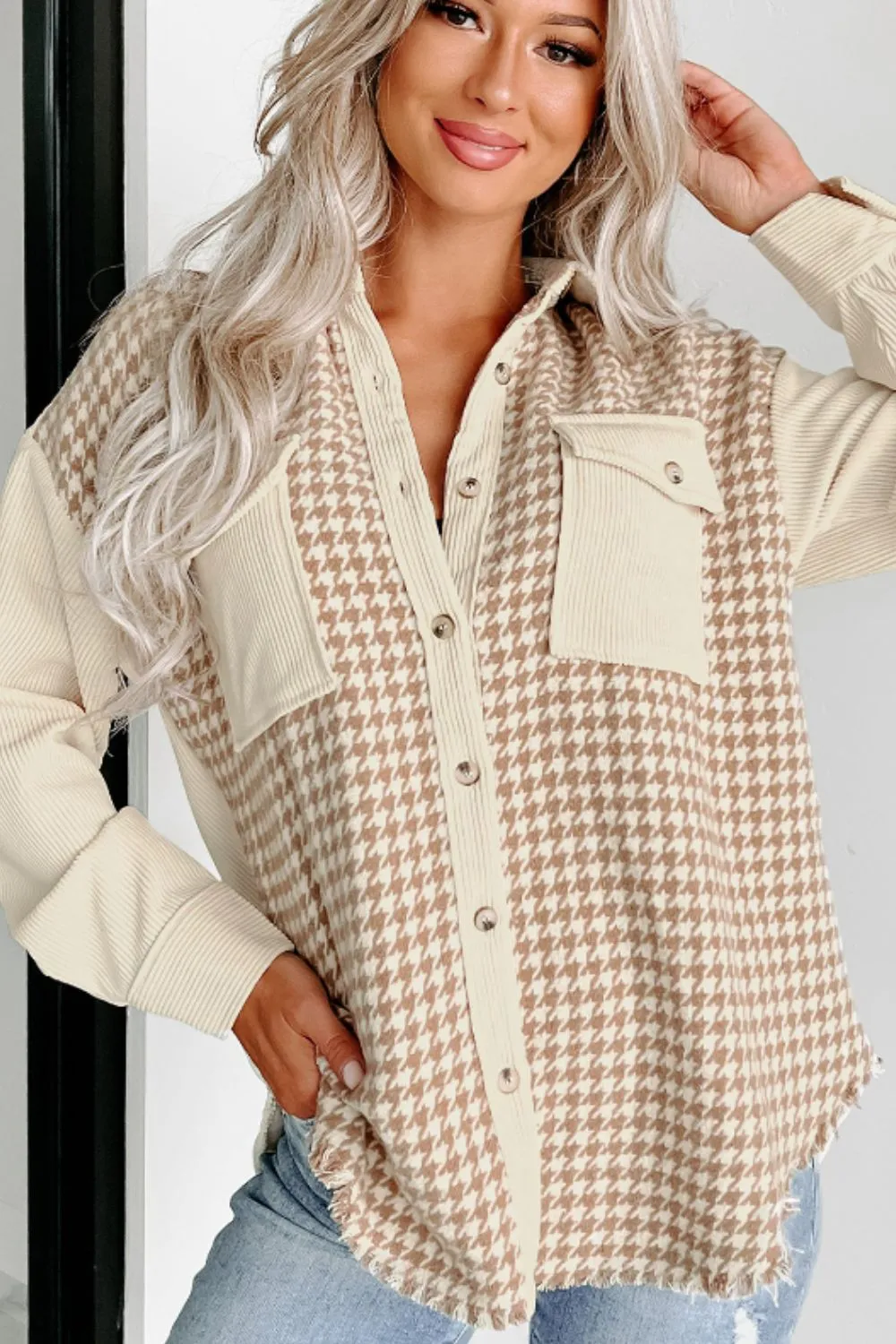 Houndstooth Button Up Long Sleeve Jacket, image 3