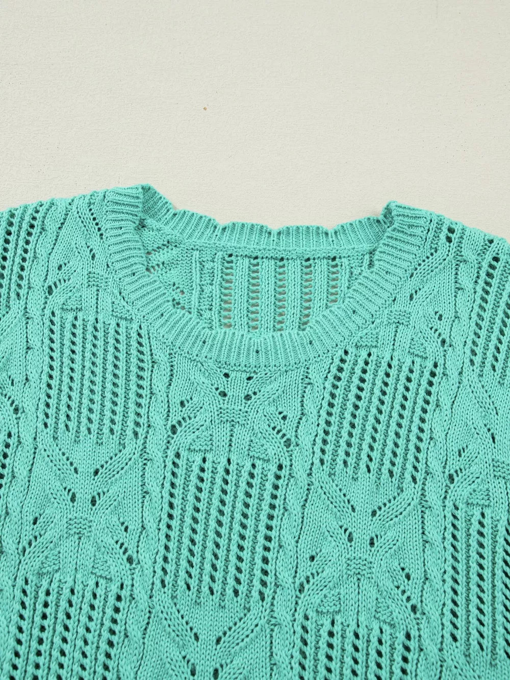 Pointelle Knit Patterned Scalloped Trim Short Sleeve Sweater, image 7
