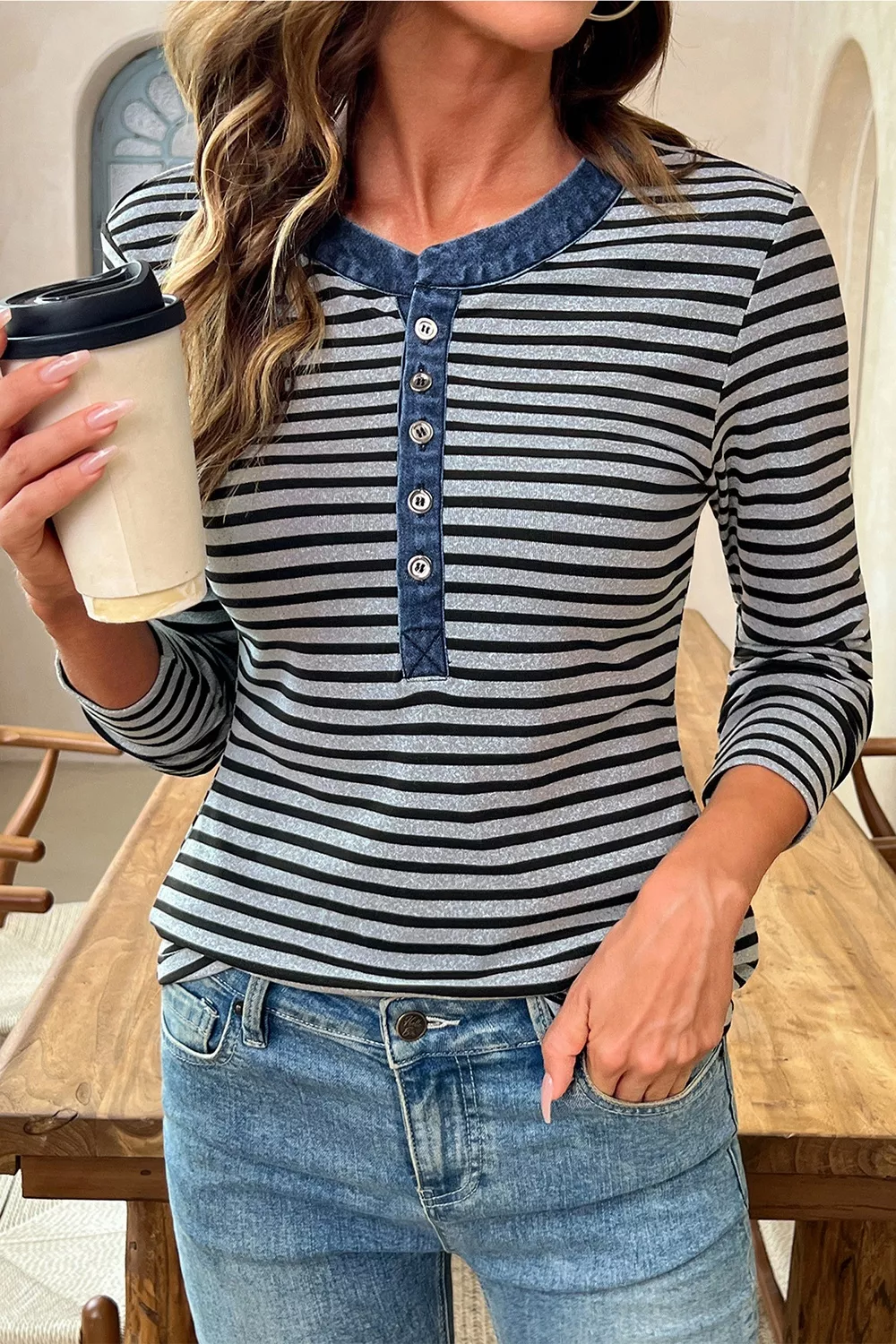 Stripe Denim Contrast Collar Half Button Long Sleeve Top, image 6