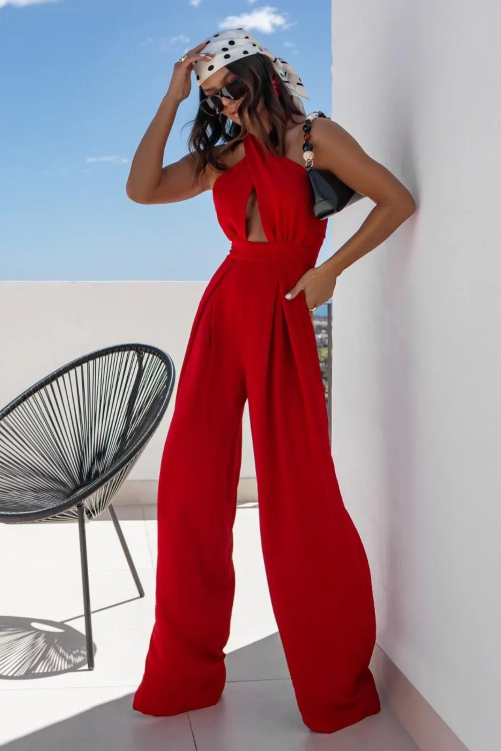 Halter Neck Wide Leg Jumpsuit with Keyhole Detail, image 9