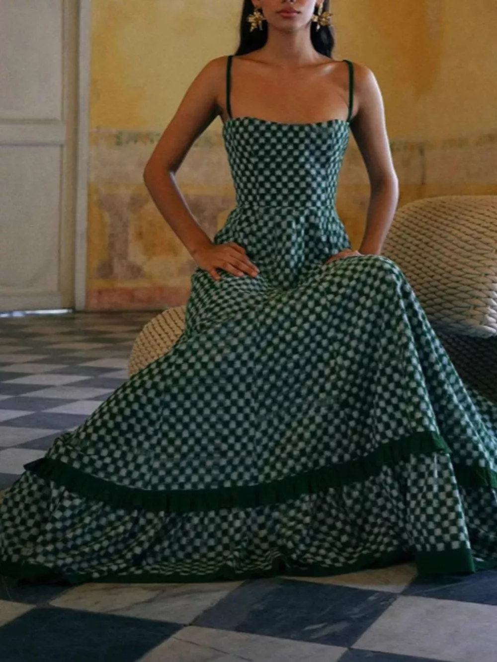 Checkered Spaghetti Strap Maxi Dress, image 4
