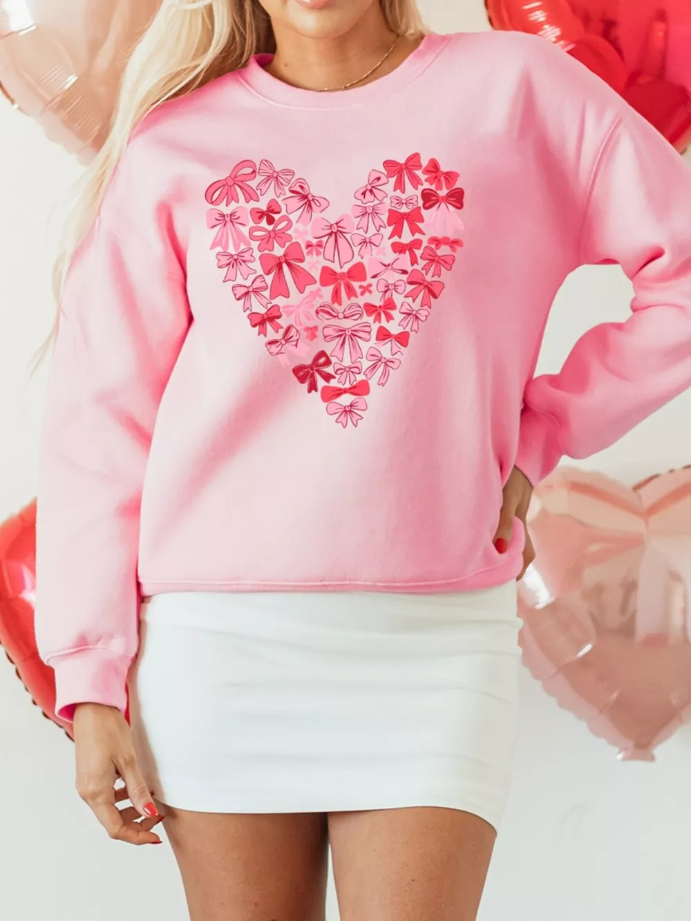Bow Printed Big Heart Valentines Day Pullover Sweatshirt, image 3