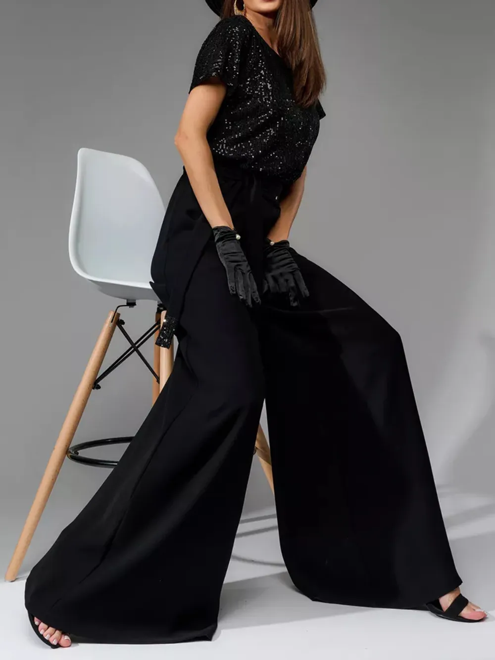 Full Size Sequin Round Neck Short Sleeve Wide Leg Jumpsuit, image 10