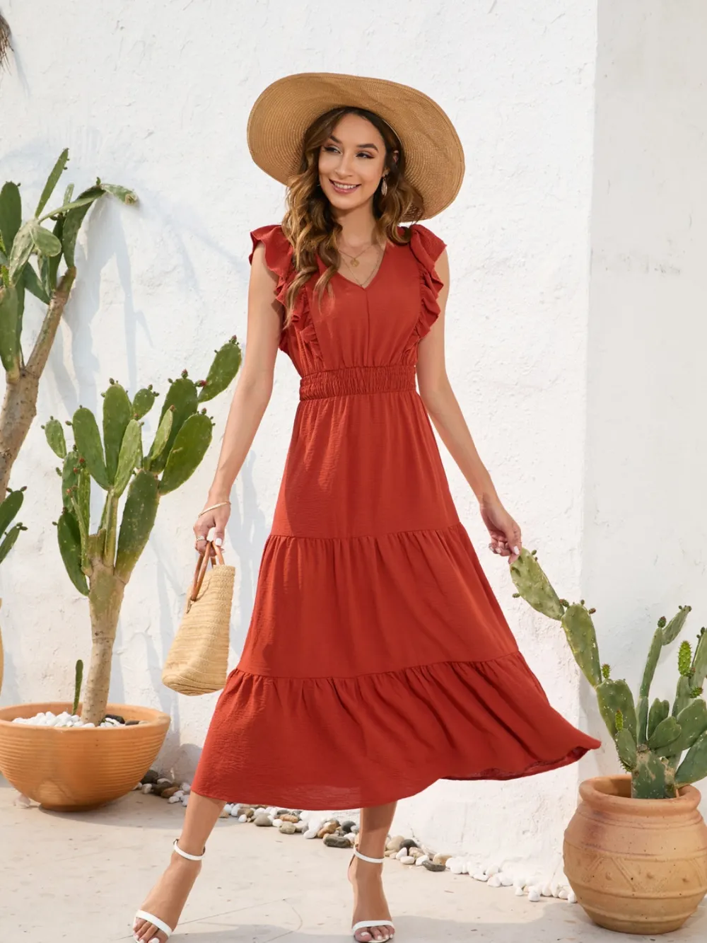 Tiered Ruffled V-Neck Cap Sleeve Dress, image 11