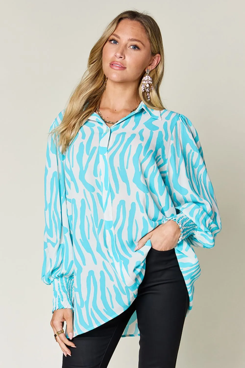 Full Size Printed Smocked Long Sleeve Blouse Plus Size