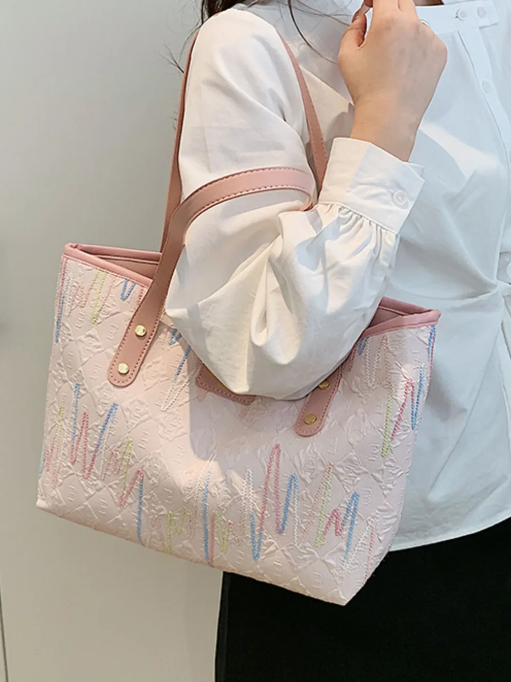 Contrast PU Leather Tote Bag, image 12