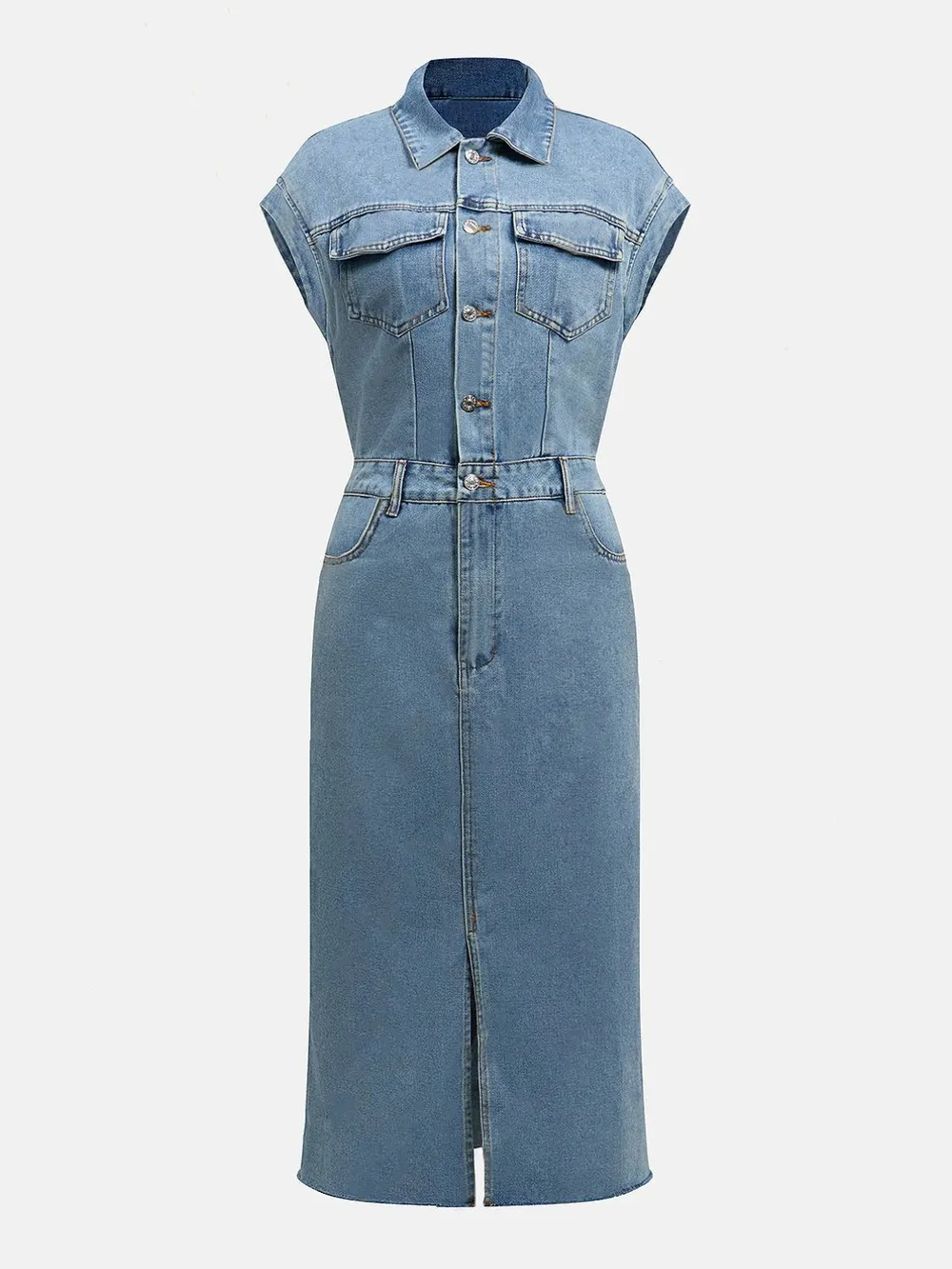 Slit Half Button Collared Neck Cap Sleeve Denim Dress, image 6