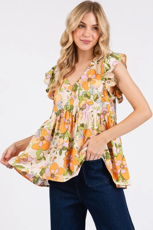 Floral V-Neck Ruffled Cap Sleeve Blouse, image 3