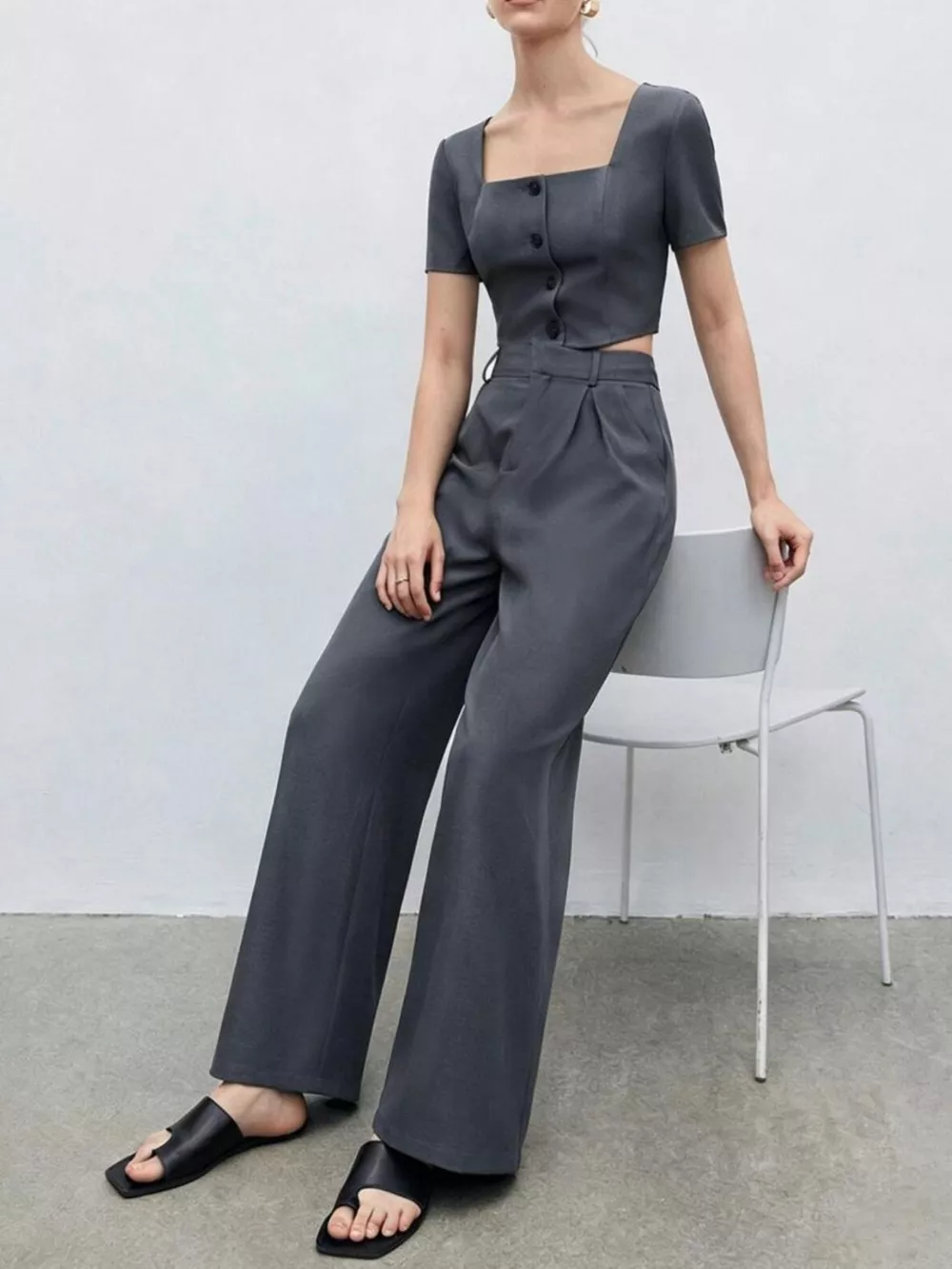 Square Neck Crop Top & Wide Leg Pants Set, image 2