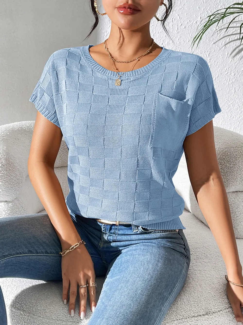 Round Neck Short Sleeve Knit Top, image 2
