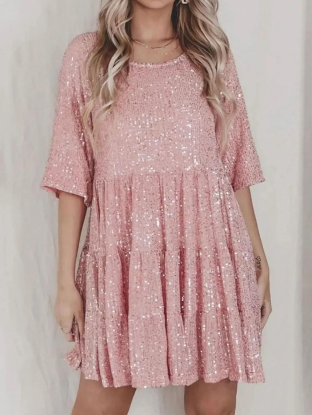 Sequin Round Neck Half Sleeve Mini Dress, image 15