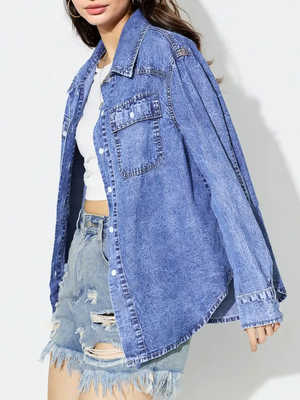 Curved Hem Collared Neck Denim Top, image 3