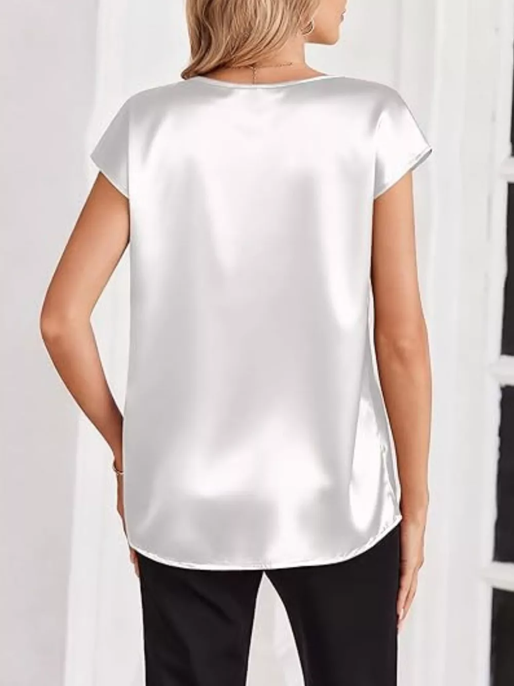 Satin V-Neck Short Sleeve Blouse, image 4