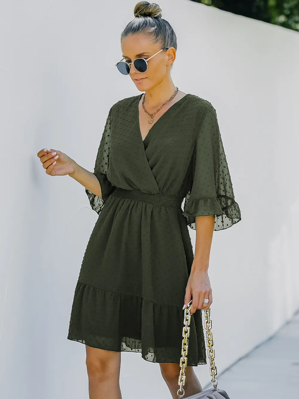Swiss Dot Flare Sleeve Wrap Mini Dress, image 9