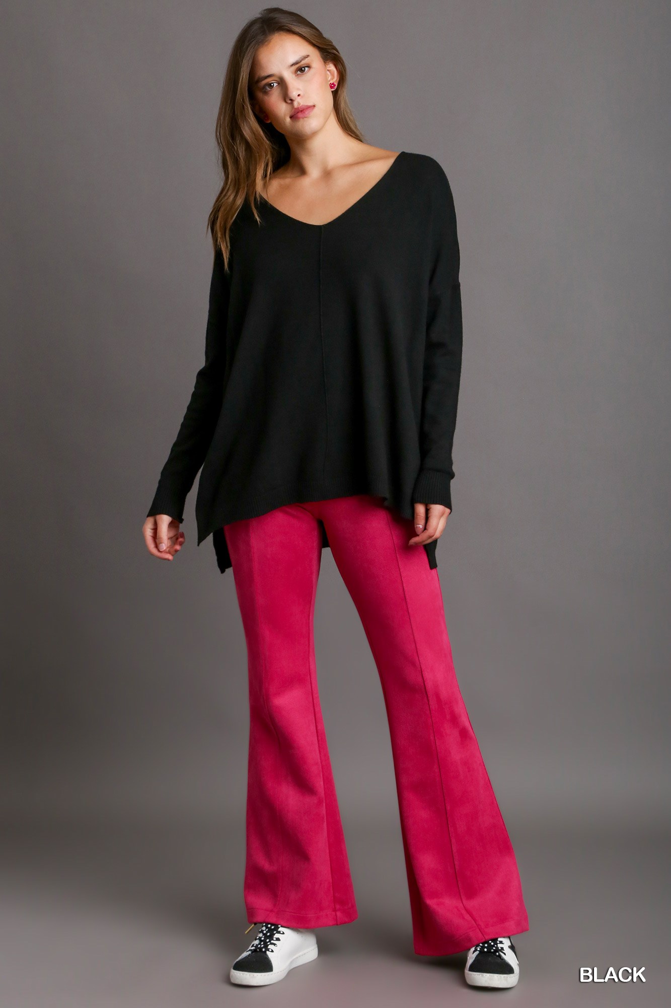 V-Neck High Low Hem Knit Top with Side Slit, image 2