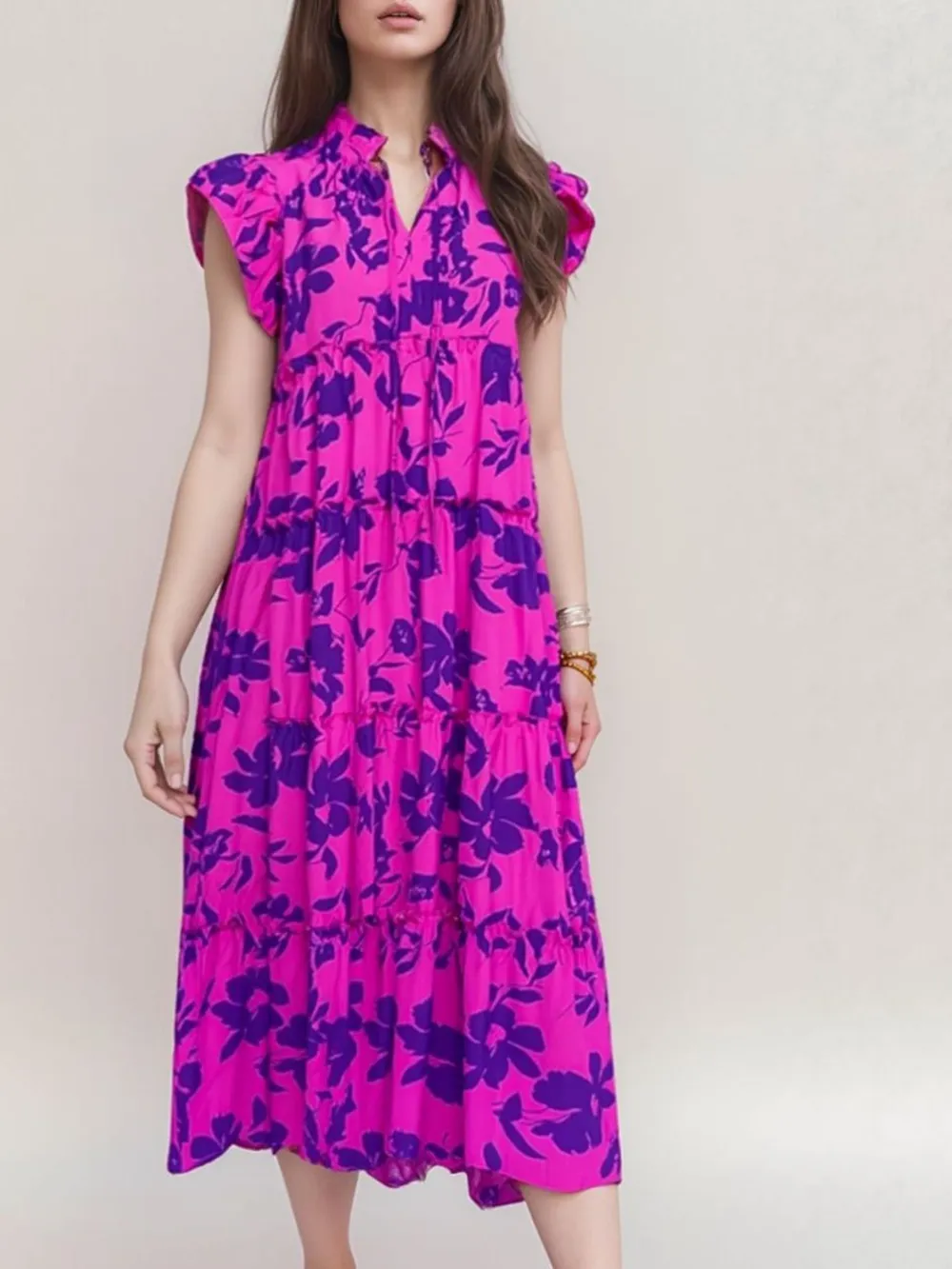 Full Size Ruffled Printed Notched Cap Sleeve Midi Dress