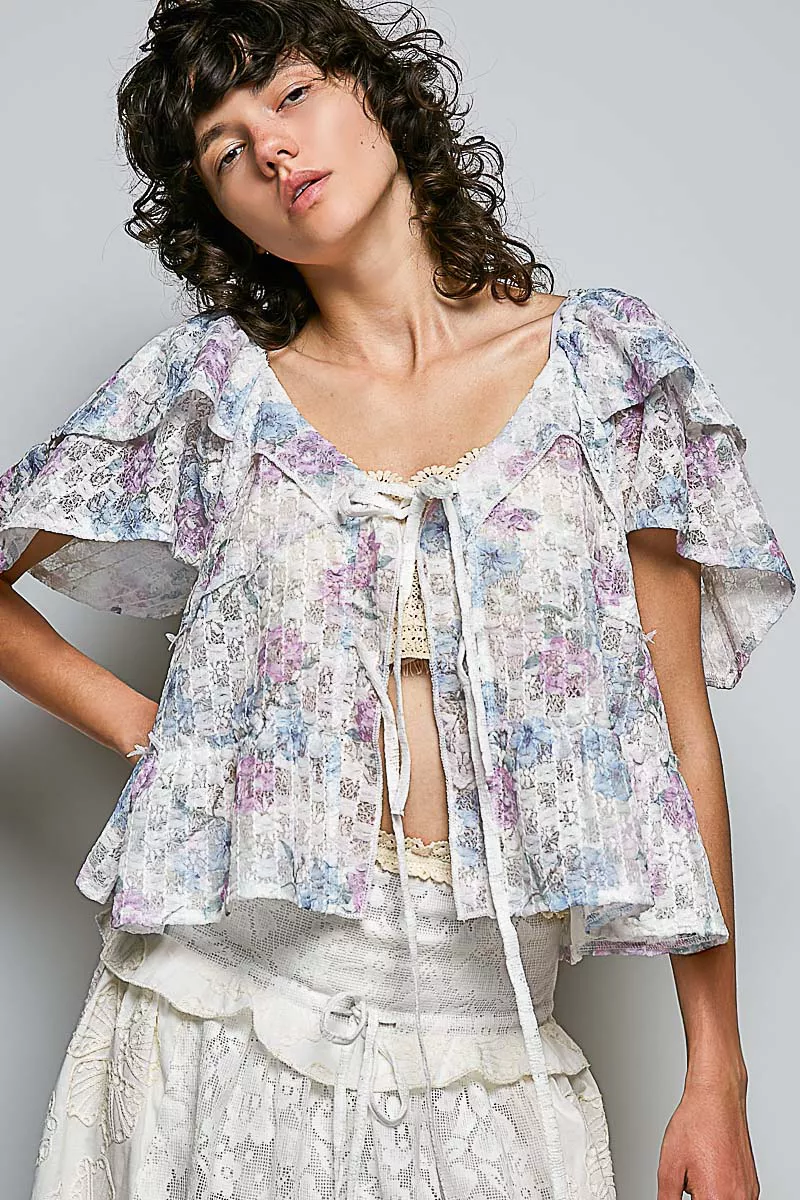POL Lace Detail Floral Tie Front Ruffle Short Sleeve Blouse, image 5