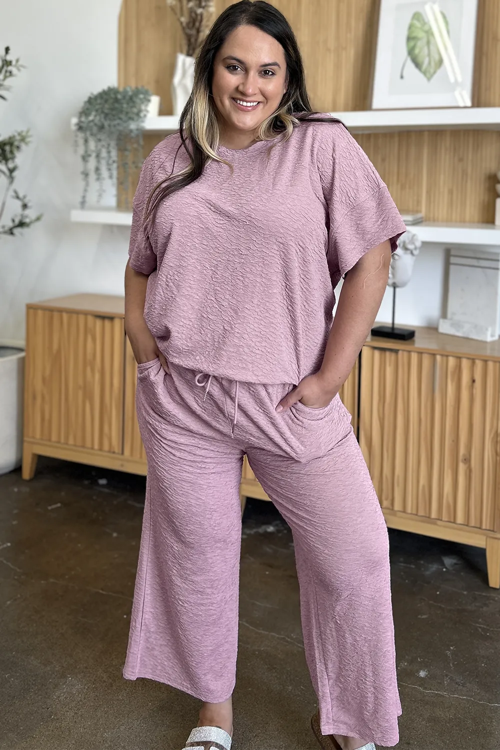 Full Size Texture Short Sleeve Top and Pants Set, image 7