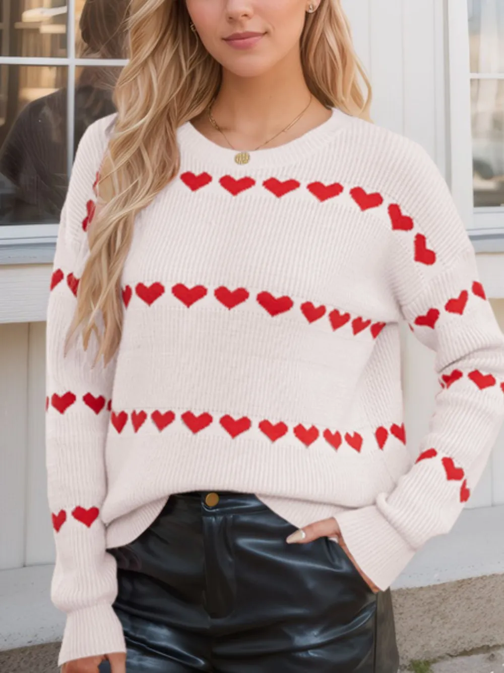 Heart Round Neck Long Sleeve Sweater, image 4