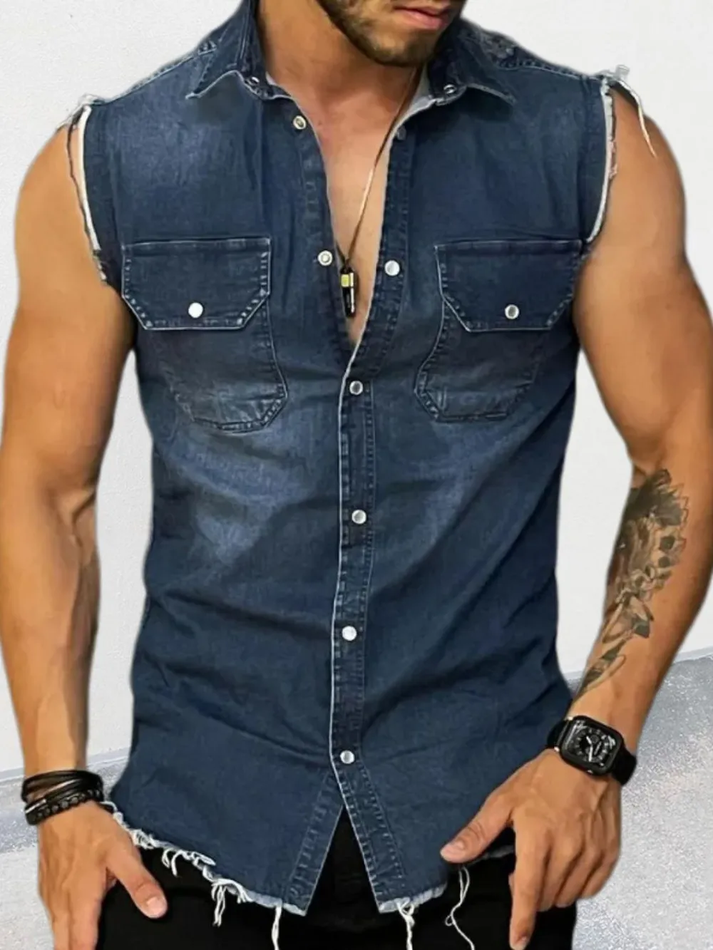 Men's Snap Down Sleeveless Denim Shirt, image 3