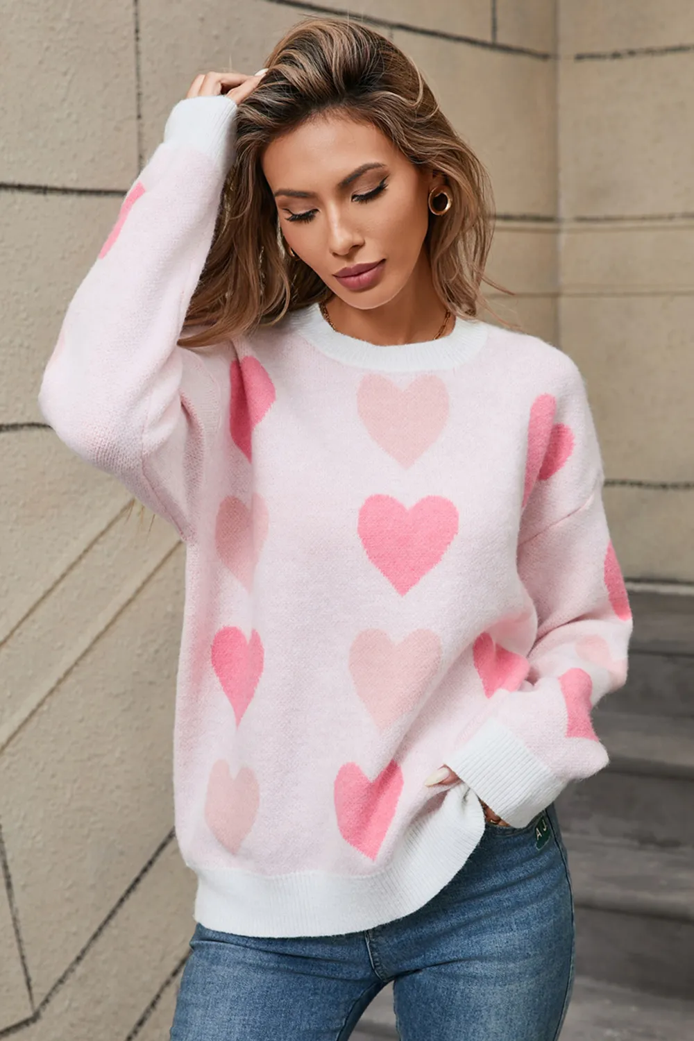Heart Round Neck Long Sleeve Sweater, image 2