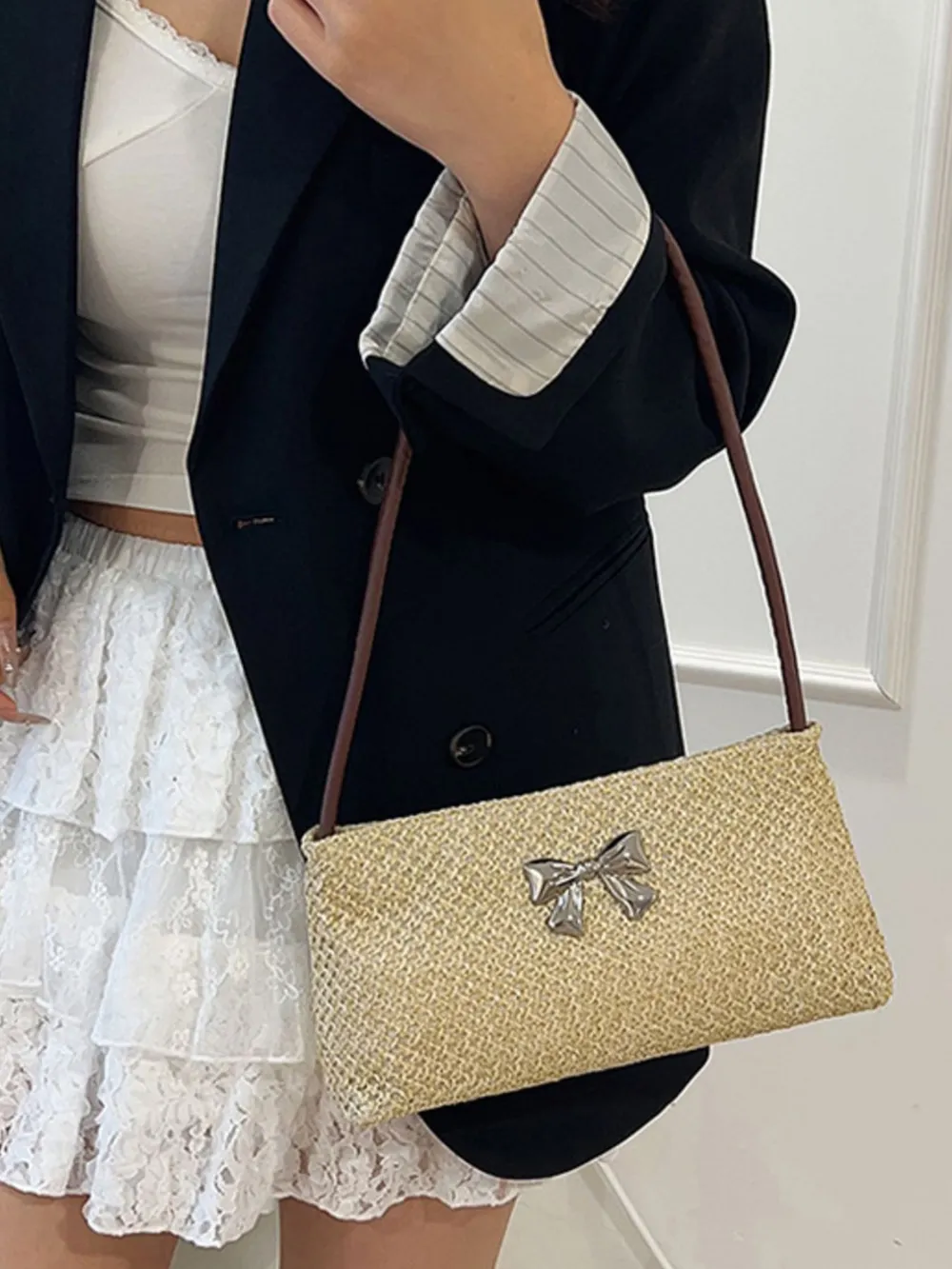 Woven Straw Shoulder Bag with Bow Detail, image 7