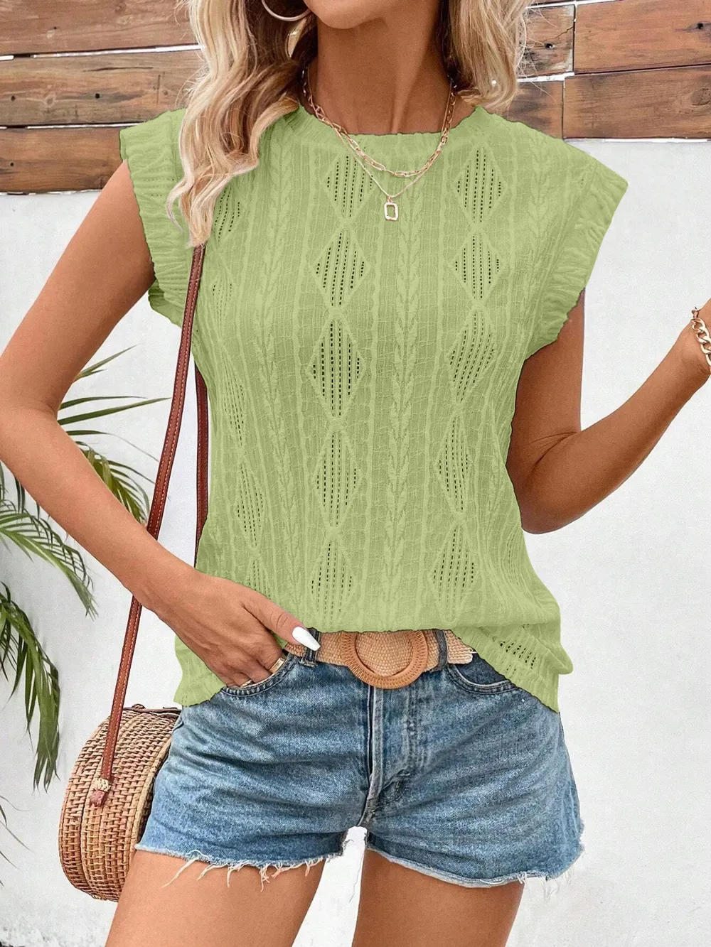 Openwork Round Neck Cap Sleeve Top, image 14