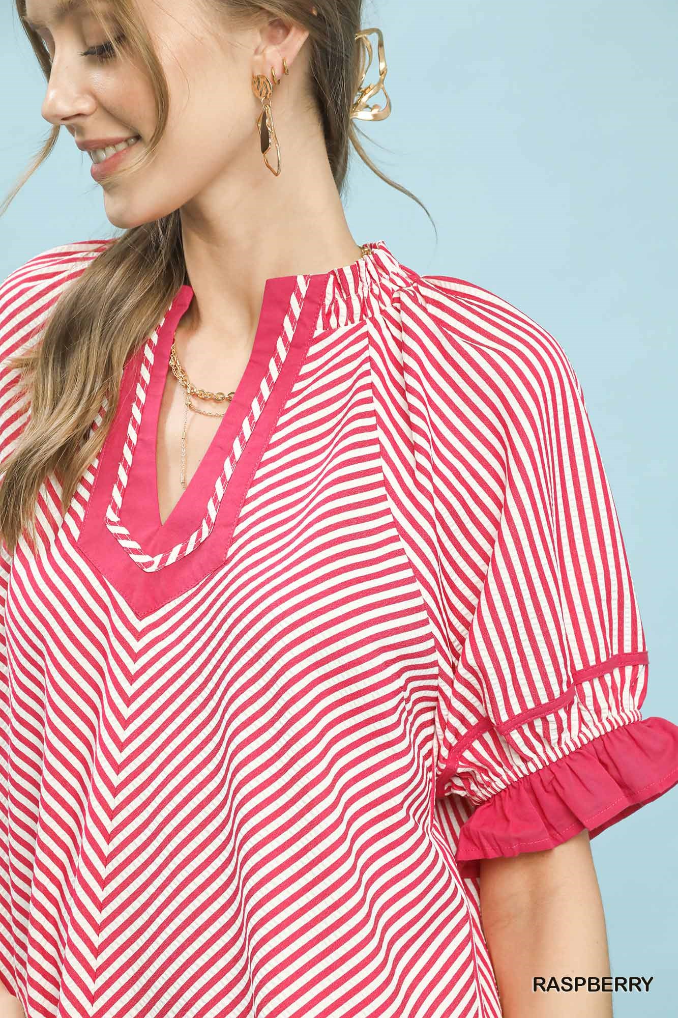 Stripe Ruffle Sleeve Split-Neck Blouse, image 4