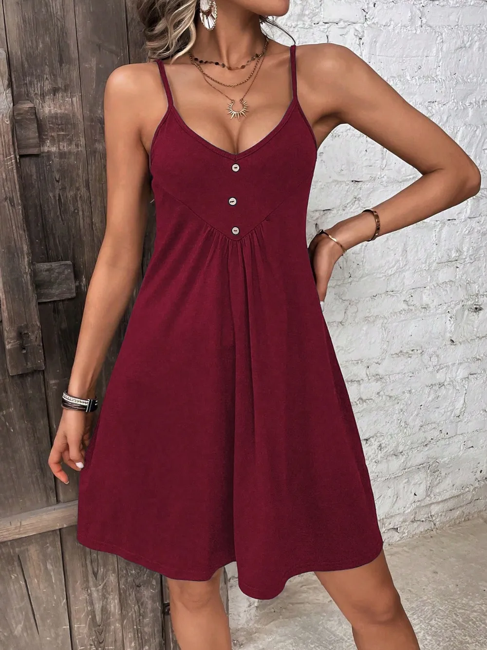 Decorative Button Scoop Neck Mini Cami Dress, image 28