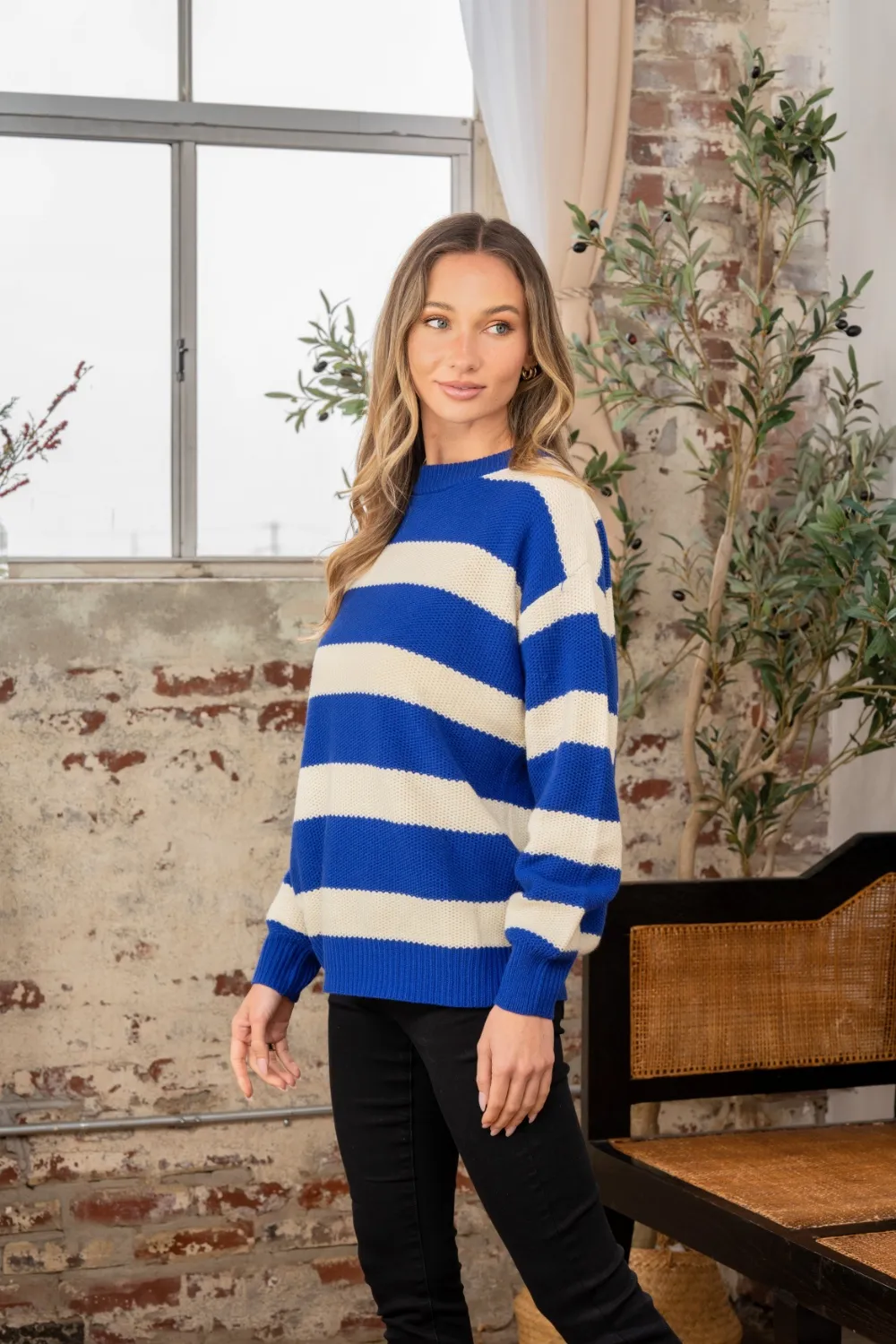 Full Size Contrast Striped Round Neck Sweater, image 3