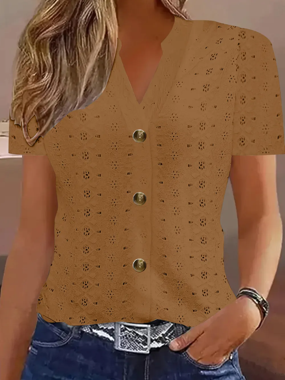 Openwork Notched Short Sleeve Top, image 5