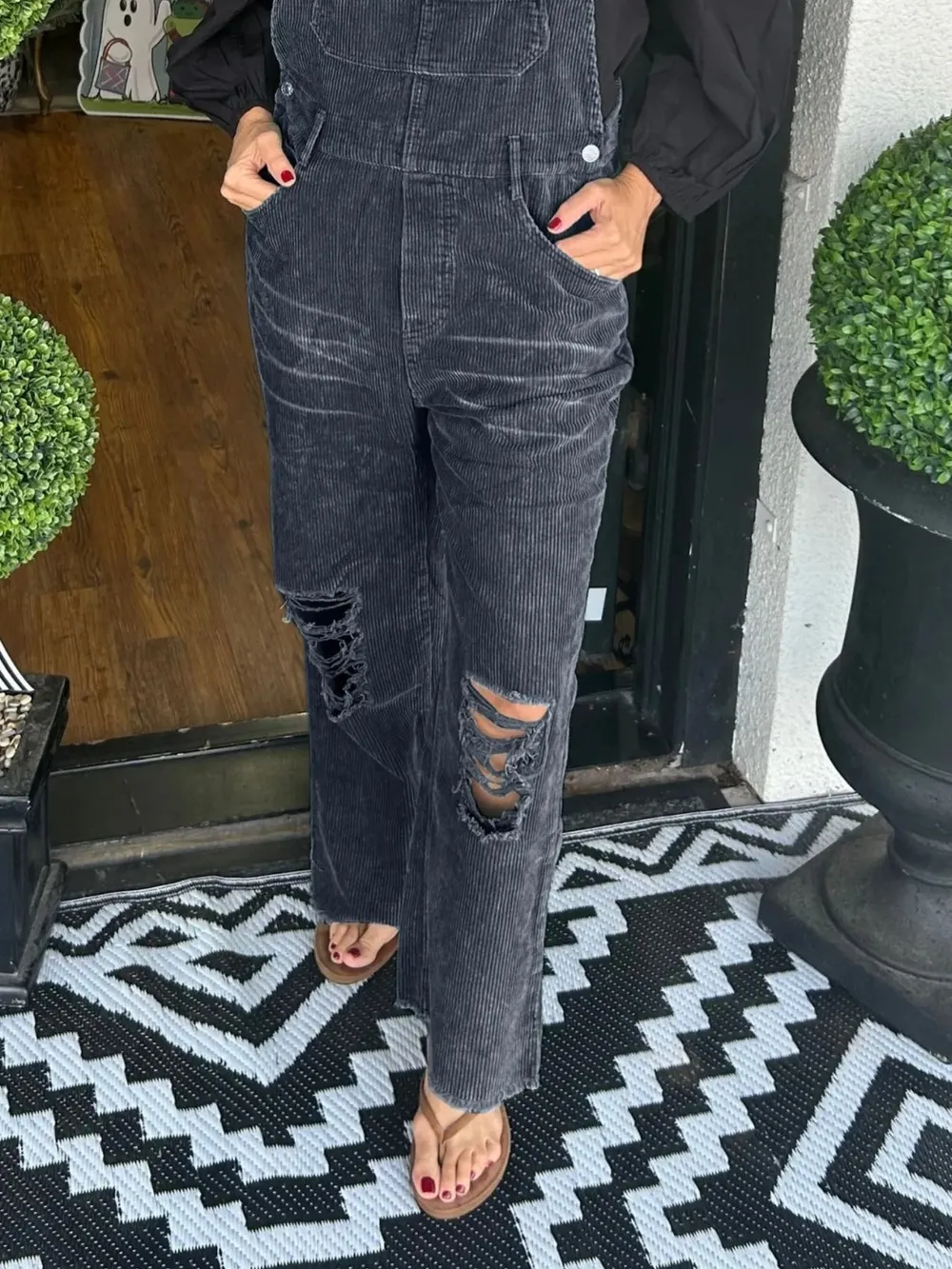 Distressed Wide Leg Corduroy Overalls, image 9